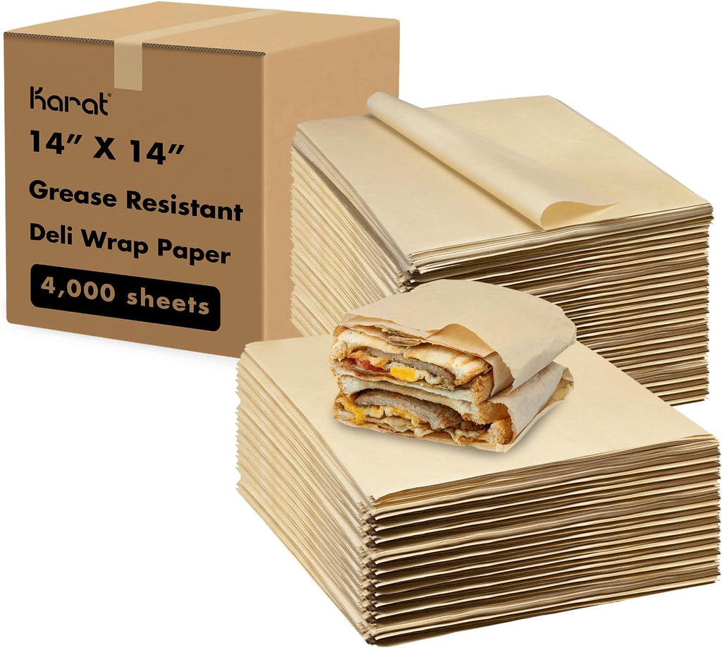 Karat [4,000 ct] 14"x14" Deli Paper Sheets | Kraft Grease-Resistant Wrapping Paper | Ideal for Medium-Sized Sandwiches, Pastries, and Meal Baskets