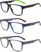 IVNUOYI 3 Pairs Reading Glasses Sports Style Frames with Spring Hinges, Flexible Blue Light Blocking Readers for Men
