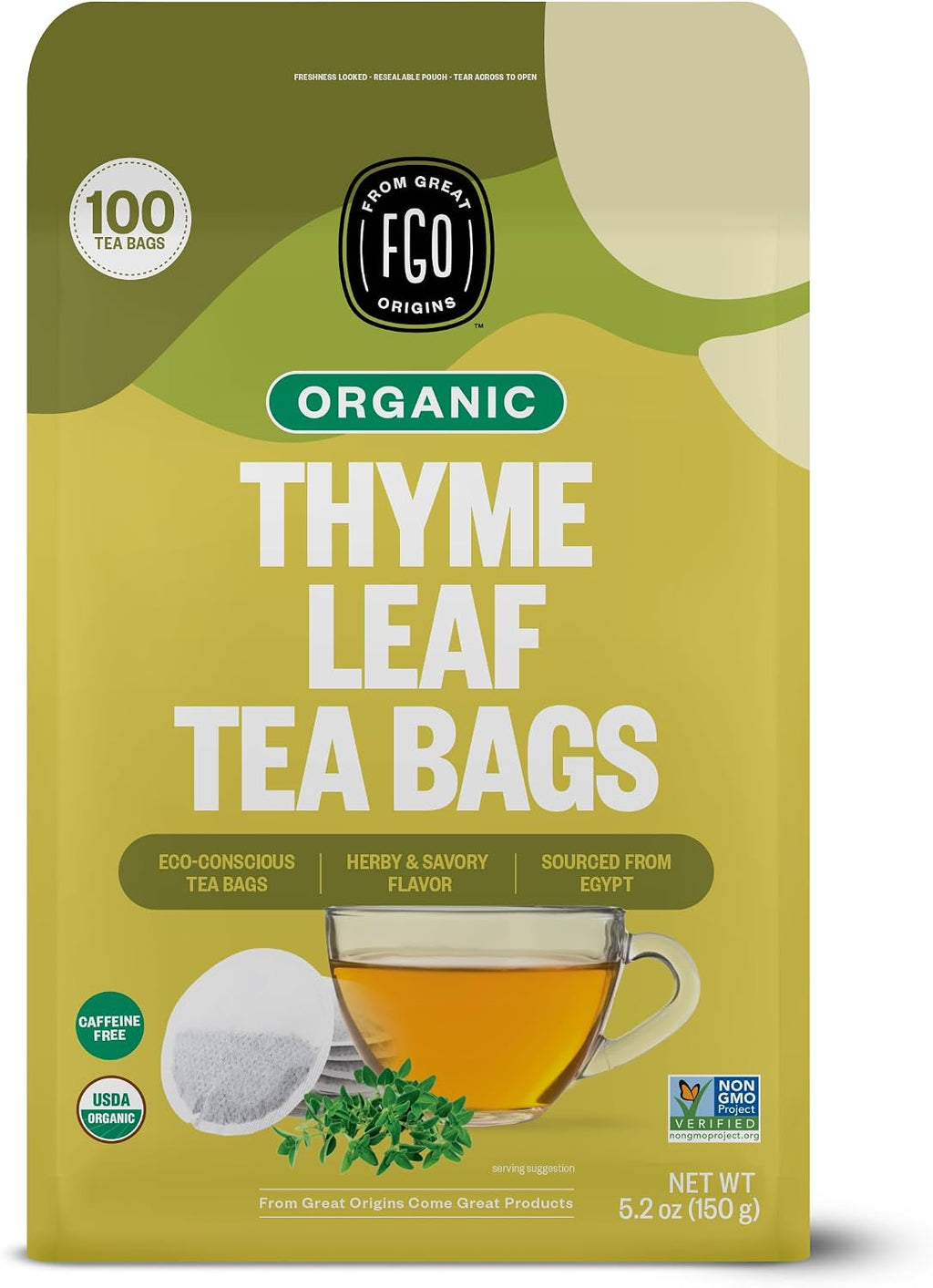 FGO Organic Thyme Leaf Tea, 100 Count, Eco-Conscious Tea Bags, Caffeine Free, Resealable Bag, Packaging May Vary (Pack of 1)
