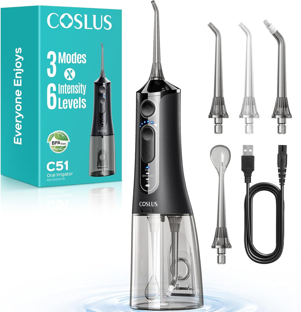 COSLUS C51 Portable Water Flosser for Teeth: 3 Modes & 6 Pressure Settings with Jet Mode Water Dental Pick for Orthodontic, Braces, Sensitive Gums, Compact for Travel, 300ML for Multiple Users, Black