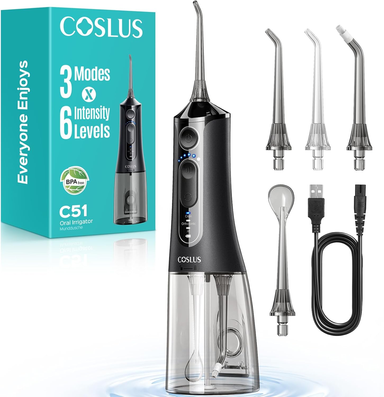COSLUS C51 Portable Water Flosser for Teeth: 3 Modes & 6 Pressure Settings with Jet Mode Water Dental Pick for Orthodontic, Braces, Sensitive Gums, Compact for Travel, 300ML for Multiple Users, Black