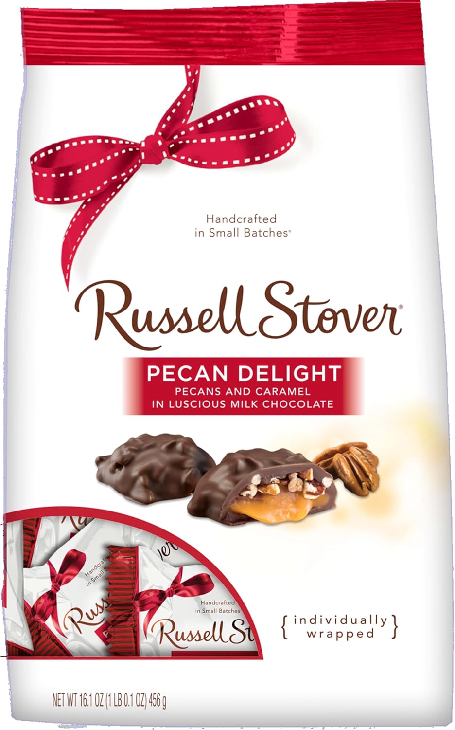 Russell Stover Pecan Delight Gusset Bag 16.10 Ounce Russel Stover Milk Chocolate Covered Candy Pack, Crunchy Pecans and Buttery Caramel Covered In Sweet Milk Chocolate Candy, Individually Wrapped