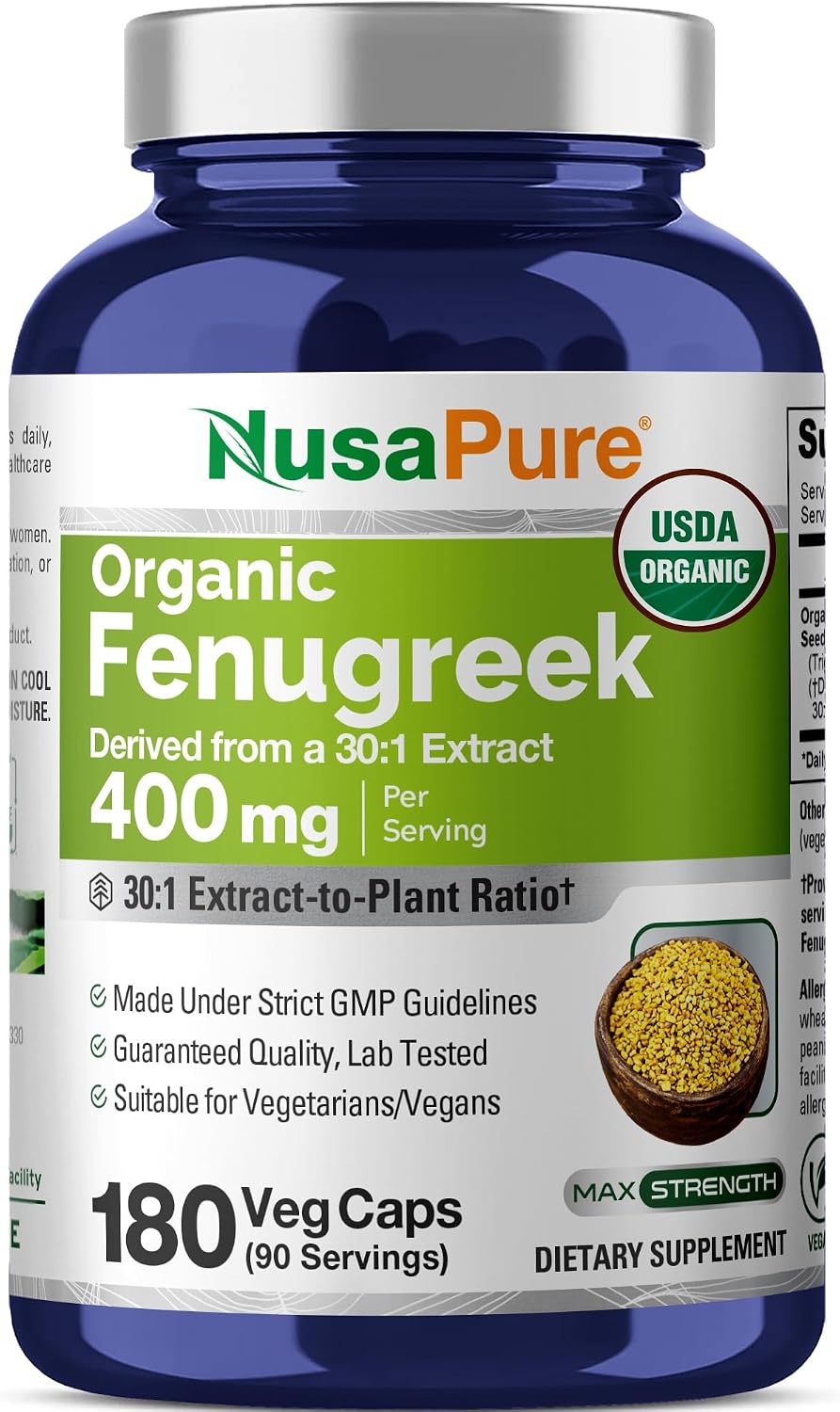 NusaPure Fenugreek Seed 30:1 Extract, 400 mg Equivalent to 12,000 mg per Serving, 180 Veggie Capsules – Herbal Supplement – Non-GMO, Vegan