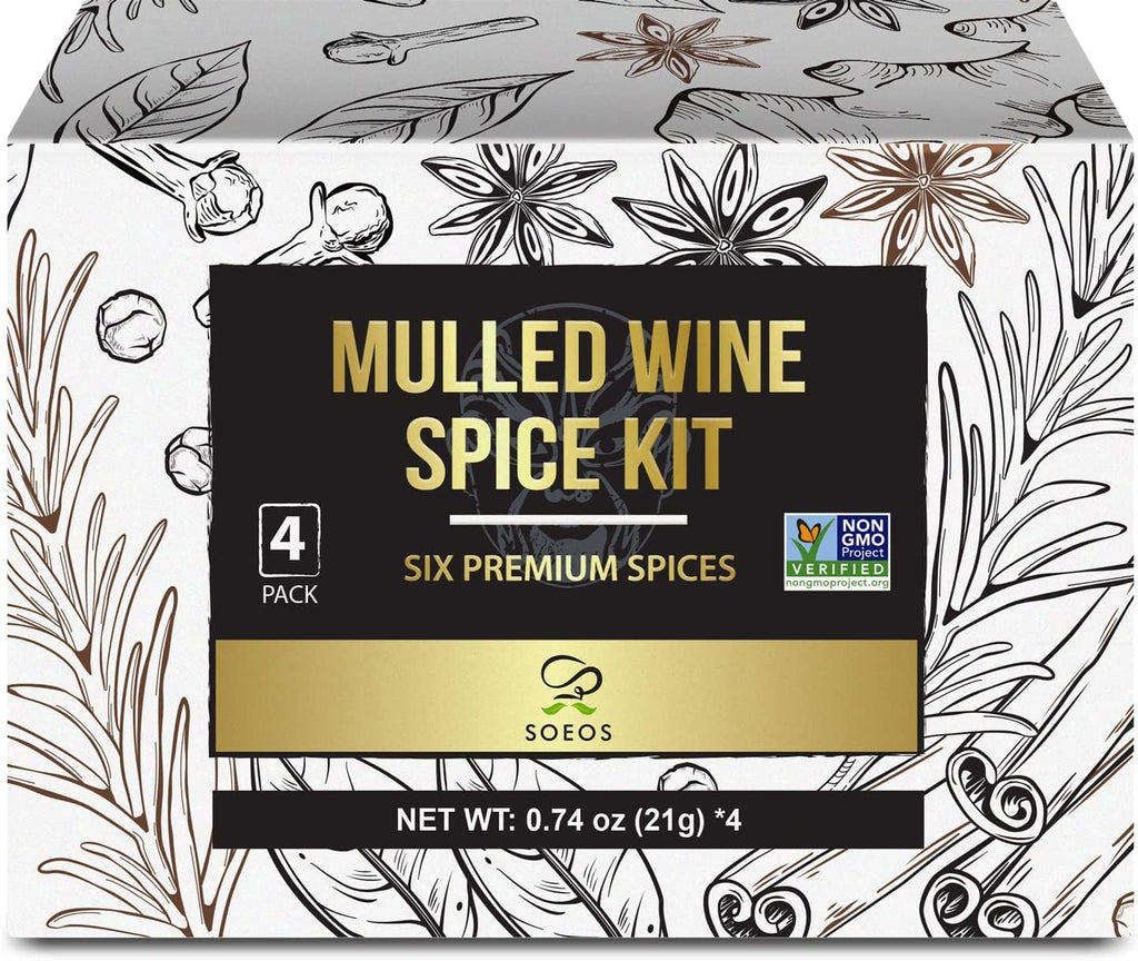 Soeos Mulled Wine Spice Kit 2.96 oz (0.74 oz*4), Mulling Spices for Wine, Apple Cider, and Tea, Mix of Six Premium Mulling Spices, Including Cinnamon, Star Anise, Cloves, Rosemary, Bay Leaf, and Nutmeg