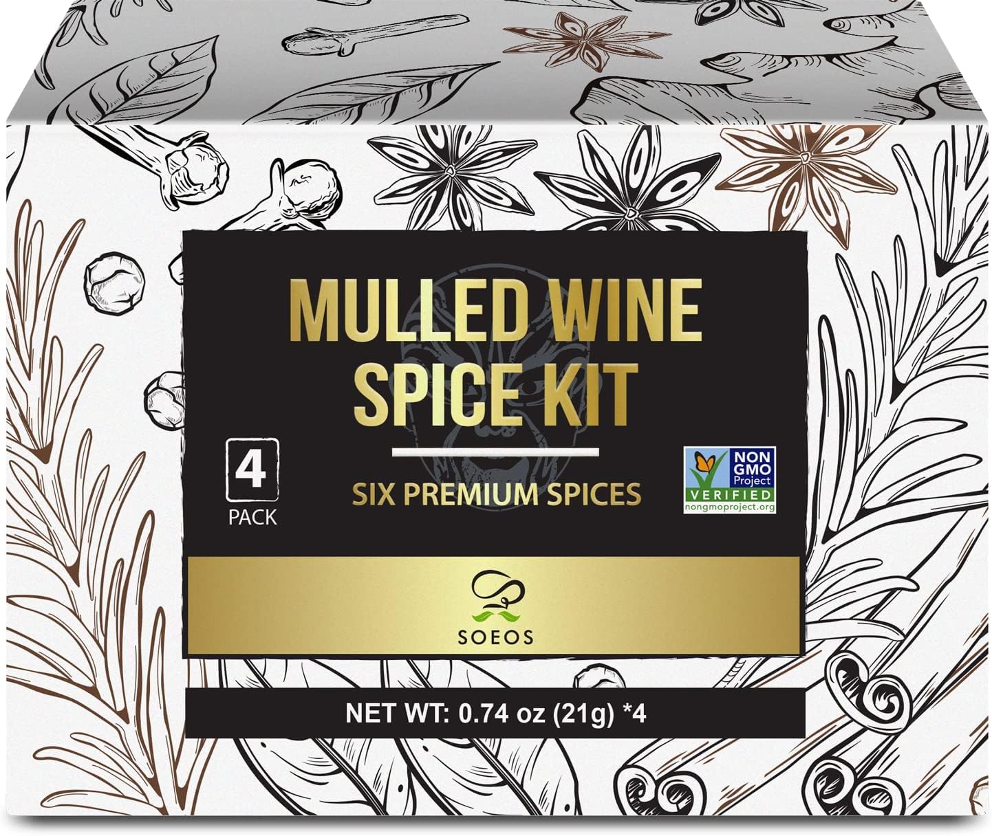 Soeos Mulled Wine Spice Kit 2.96 oz (0.74 oz*4), Mulling Spices for Wine, Apple Cider, and Tea, Mix of Six Premium Mulling Spices, Including Cinnamon, Star Anise, Cloves, Rosemary, Bay Leaf, and Nutmeg