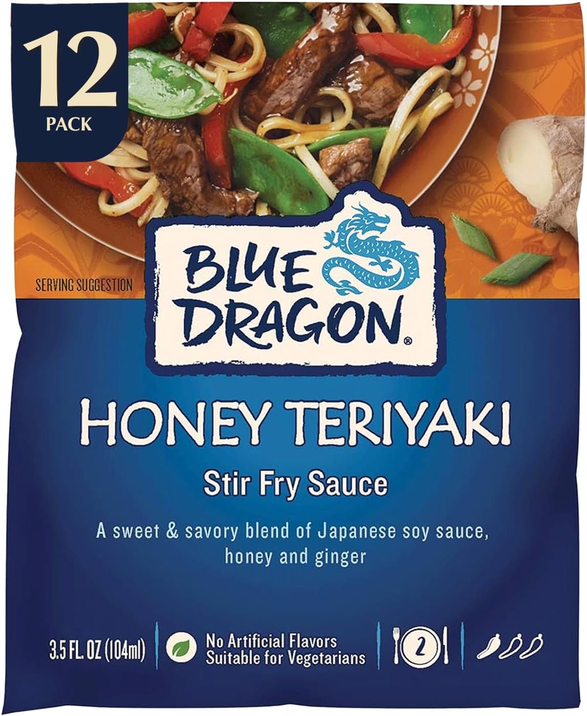 Blue Dragon Honey Teriyaki Stir Fry Sauce - 3.5oz Pouch (Pack of 12) - Sweet & Savory Japanese Soy, Honey and Ginger Flavor for Stir Fry Meals - No Artificial Flavors - Ready-to-Use Teriyaki Sauce