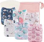 babygoal Reusable Cloth Diapers 6 Pack+6pcs Rayon from Bamboo Inserts+Wet Bag, One Size Adjustable Washable Pocket Nappy Covers for Baby Girls and Boys 6FG38