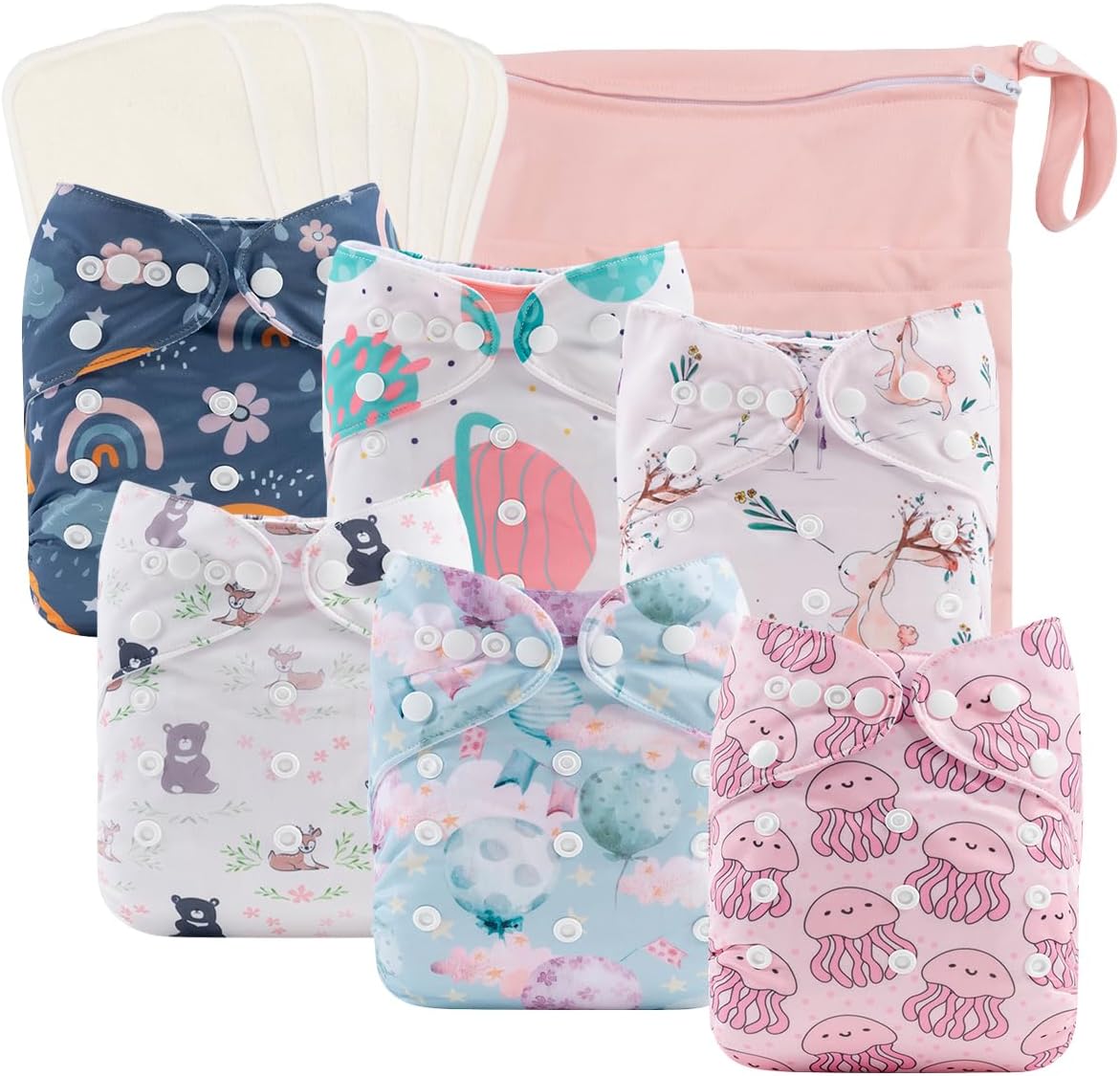 babygoal Reusable Cloth Diapers 6 Pack+6pcs Rayon from Bamboo Inserts+Wet Bag, One Size Adjustable Washable Pocket Nappy Covers for Baby Girls and Boys 6FG38