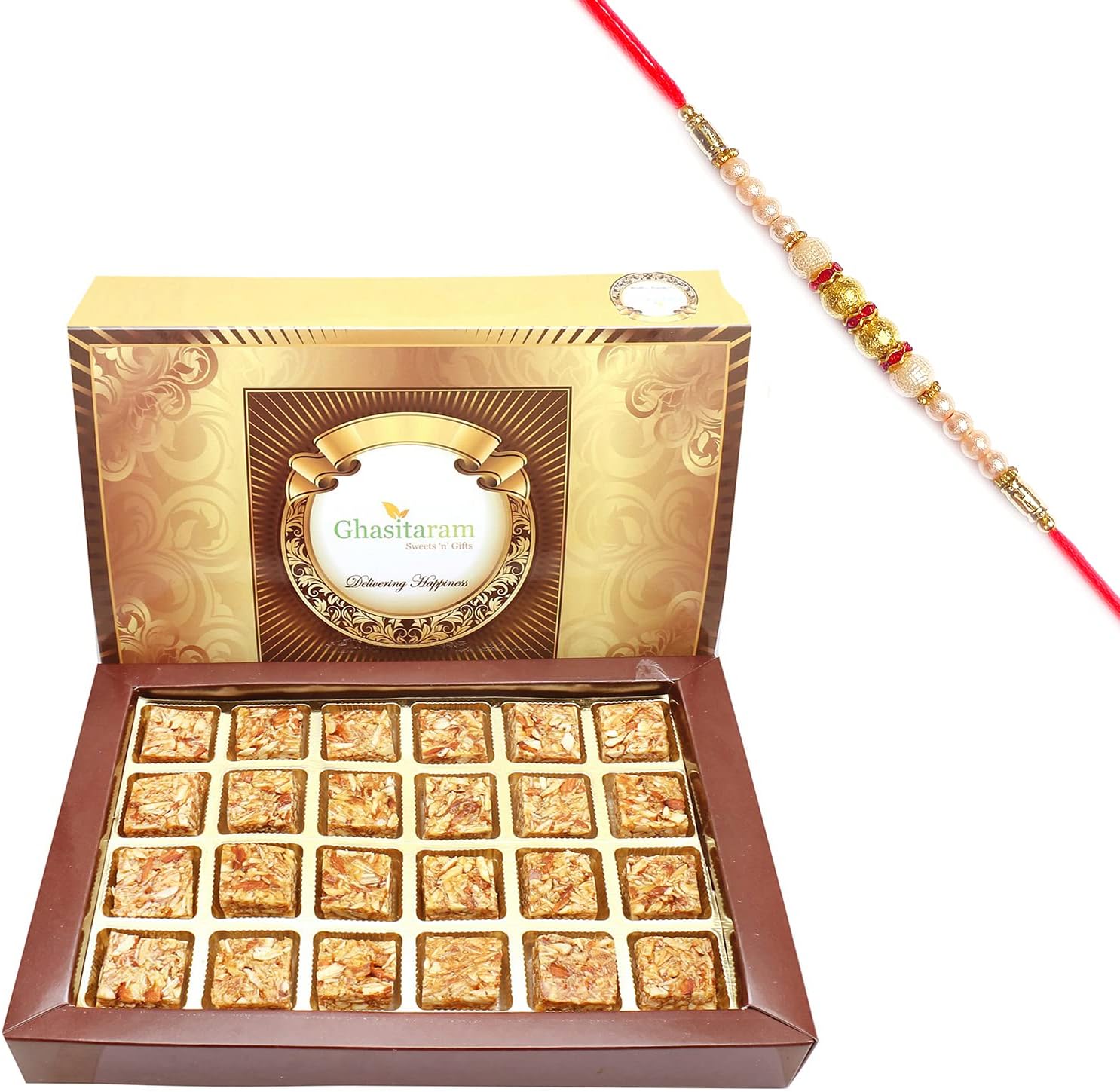 Ghasitaram Gifts Rakhi Gifts for Brothers Roasted Almond Bites 24 pcs Box with Pearl Rakhi