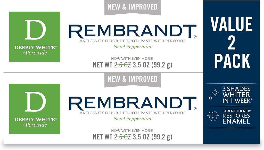 Rembrandt Deeply White + Peroxide Whitening Toothpaste, Peppermint Flavor, 3.5-Ounce (Pack of 2) (Packaging may Vary)