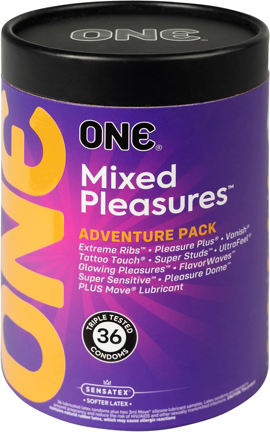 ONE Condoms Mixed Pleasures | Variety of Thin, Glow in The Dark, Studded, and More | 36 Pack