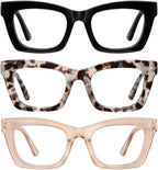 Oprah Reading Glasses for Women-3Pack Blue Light Blocking Fashion Readers with Spring Hinge Computer Square Eyeglasses