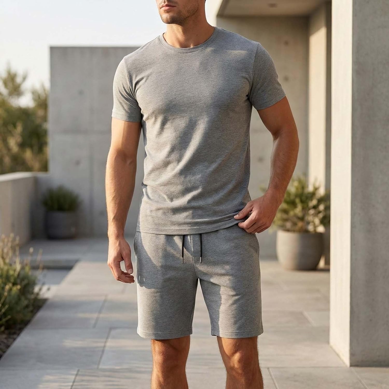 2 Piece Tracksuit Men's Short Sleeve Crew Neck Casual Classic Basic