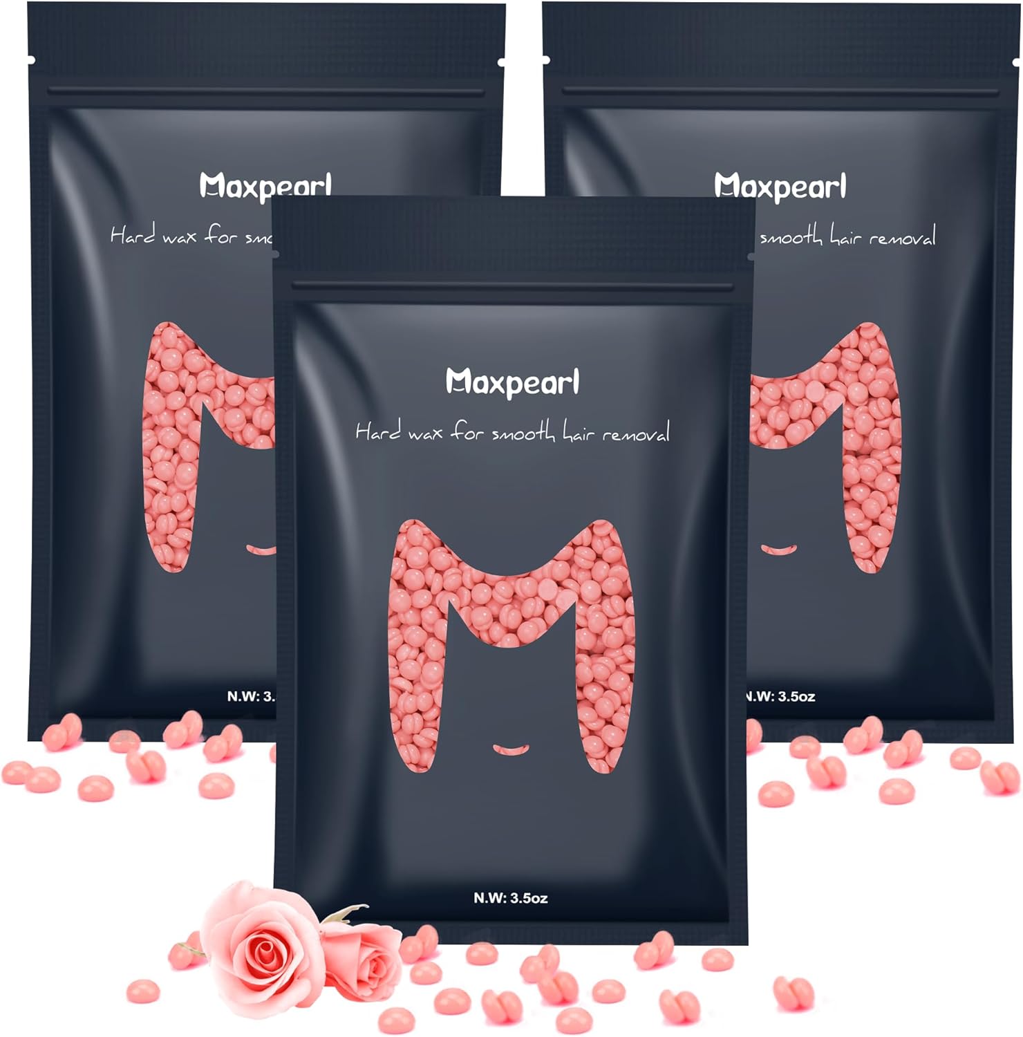 Maxpearl Hard Wax Beads, Pack of 3 Hair Removal Wax Beans Refill - Gentle Rose Formula for Senstive Skin, Brazilian Waxing, Face, Eyebrows, Underarms, Bikini, Legs and More, 10.5oz (Pink)