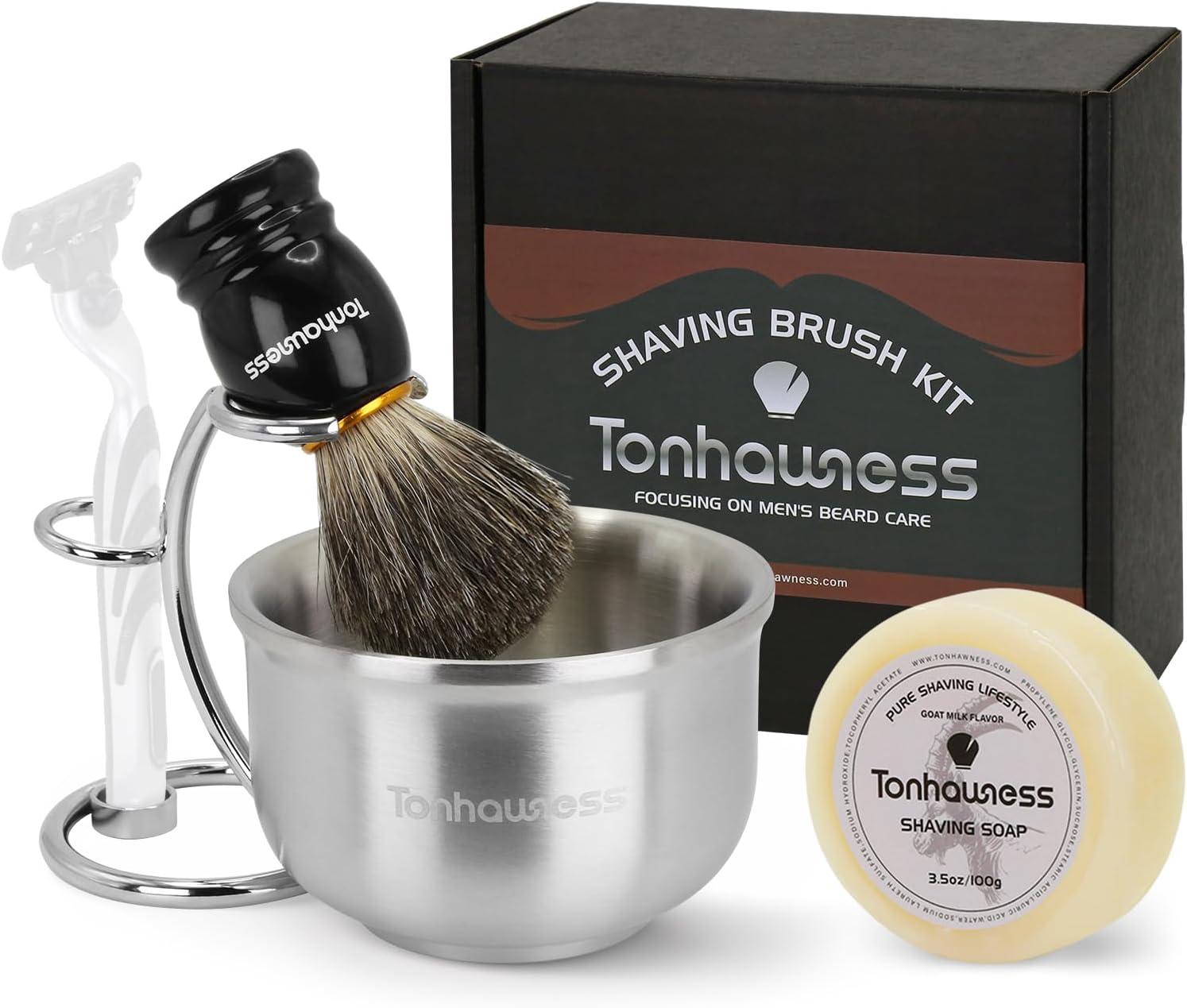 Shaving Brushes Kit For Men, 4 In 1 Shaving Brush Set Includes Badger Hair Shave Brush, Stainless Steel Shaving Bowl, Shaving Stand and Soap