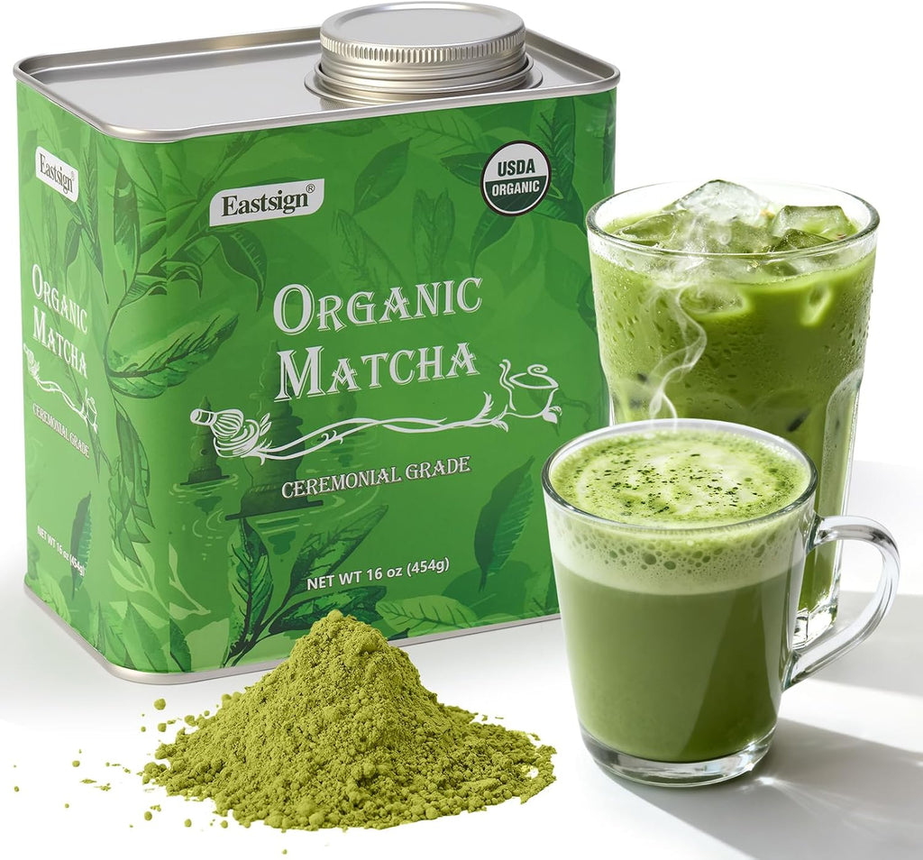Eastign Ceremonial Matcha Powder Bulk Size (1lb/454g),Organic Ceremonial Grade Matcha,USDA Organic Matcha Tea Powder Latte,Perfect for Starbucks Latte, Shake, Smoothies & Baking& Gifts | Holiday Ready Tin