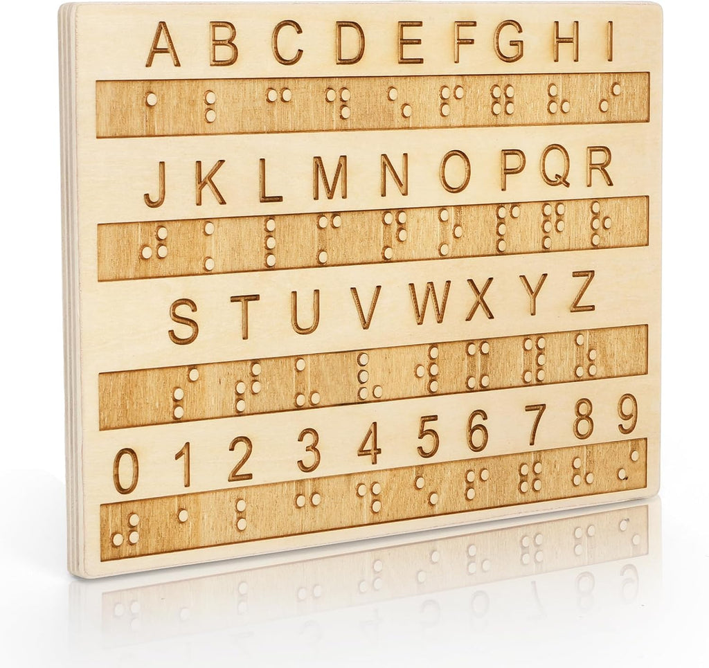 SOUJOY Wood Braille Alphabet Board, 0.4'' Thickened Braille Fingerboard with 2mm Carved Raised Dots, Letters & Numbers, Suitable for Blind Visually Impaired