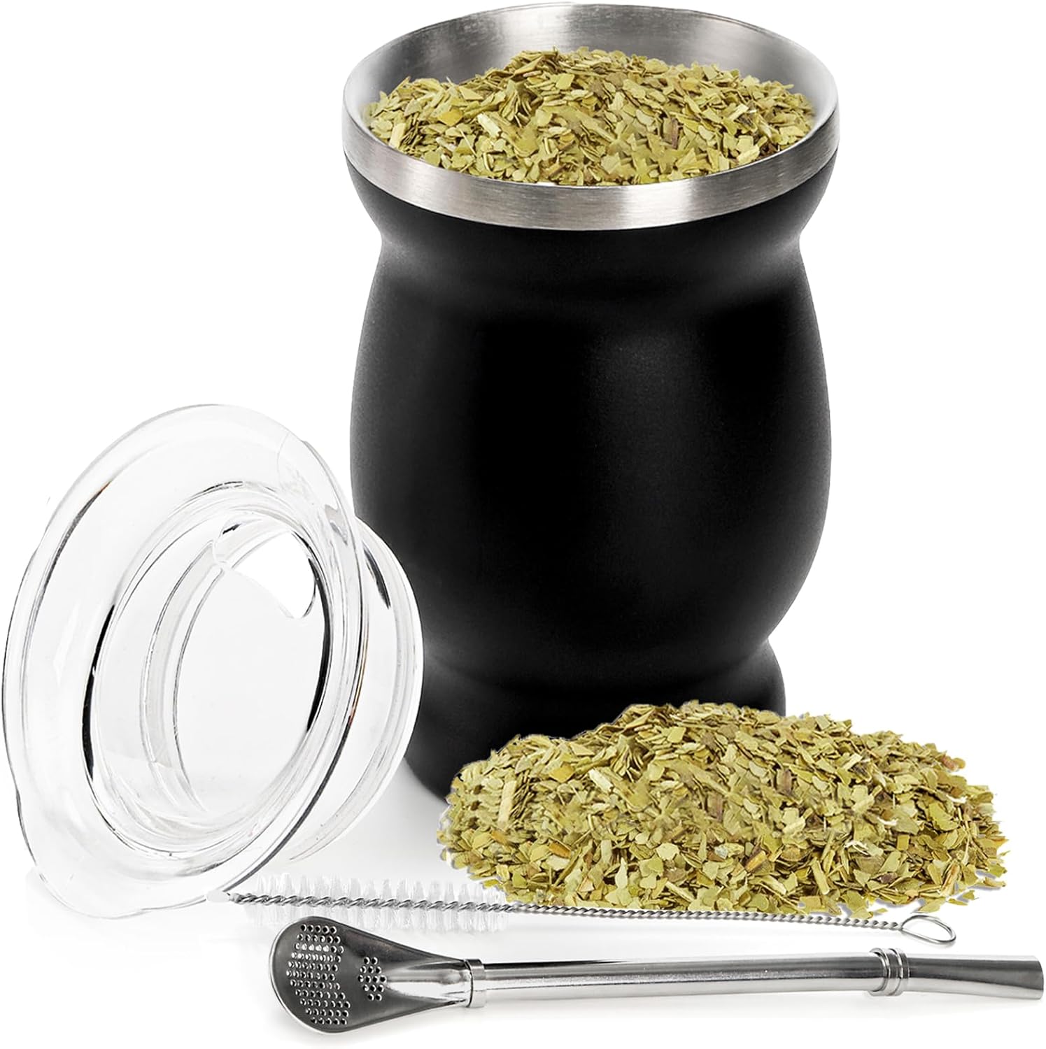 Cididu Yerba Mate Cup and Bombilla Kit, 8 Oz Yerba Mate Gourd, Double Walled Tea Cup Set, 304 Stainless Steel Traditional Mate Cup, Insulated Gourd Cup with Straw Lid and Cleaning Brush, Easy to Clean