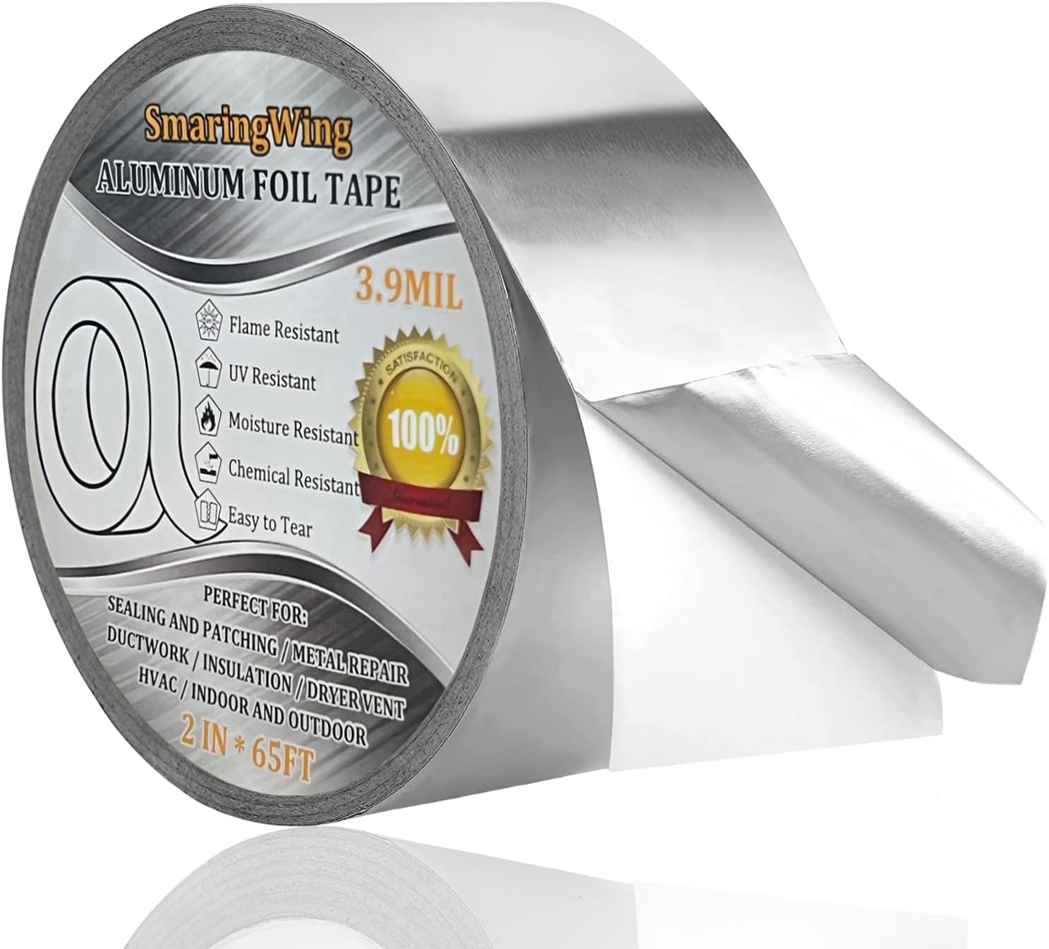 Aluminum Foil Duct Tape Heavy Duty Waterproof, Premium Silver Metal HVAC Heat Tapes (2"*65Feet,3.9mil), High Temperature, Dryer Vent Insulation Tape for Ductwork, Ducting, Sealing, Patching, Furnace