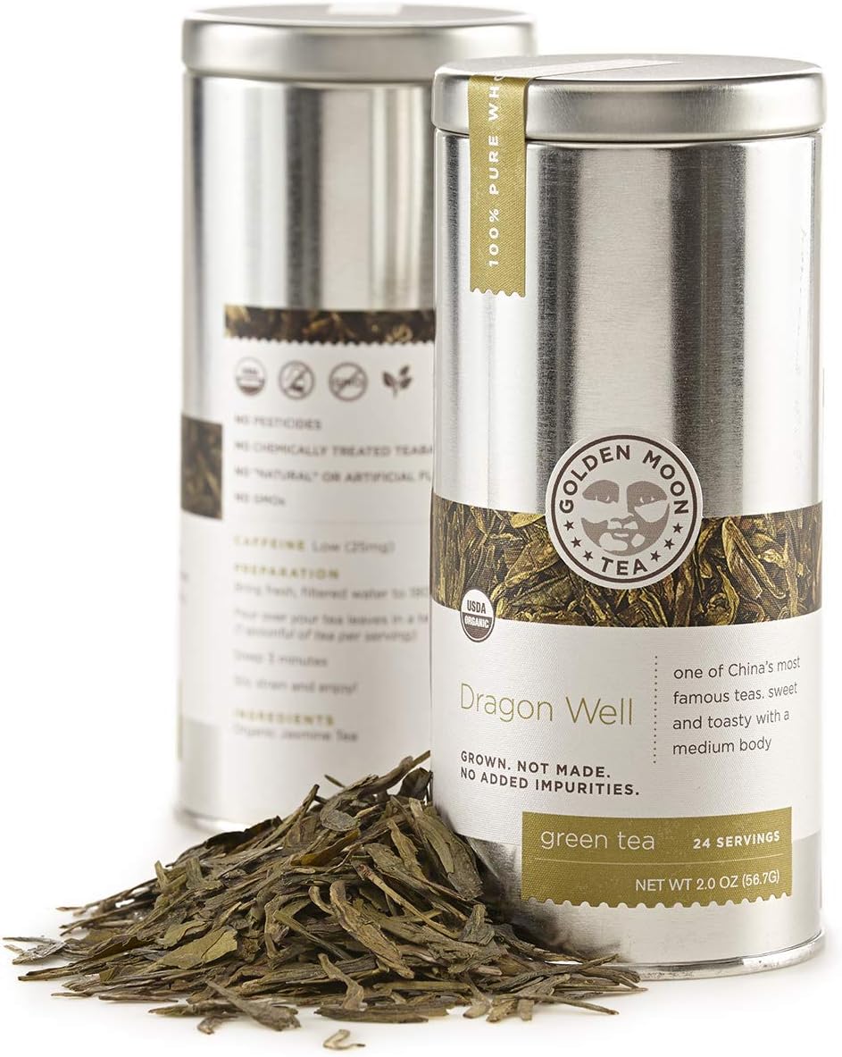 Golden Moon Tea Organic Dragon Well Longjing Green Tea - Loose Leaf, Non GMO - Travel Tin (24 Servings)