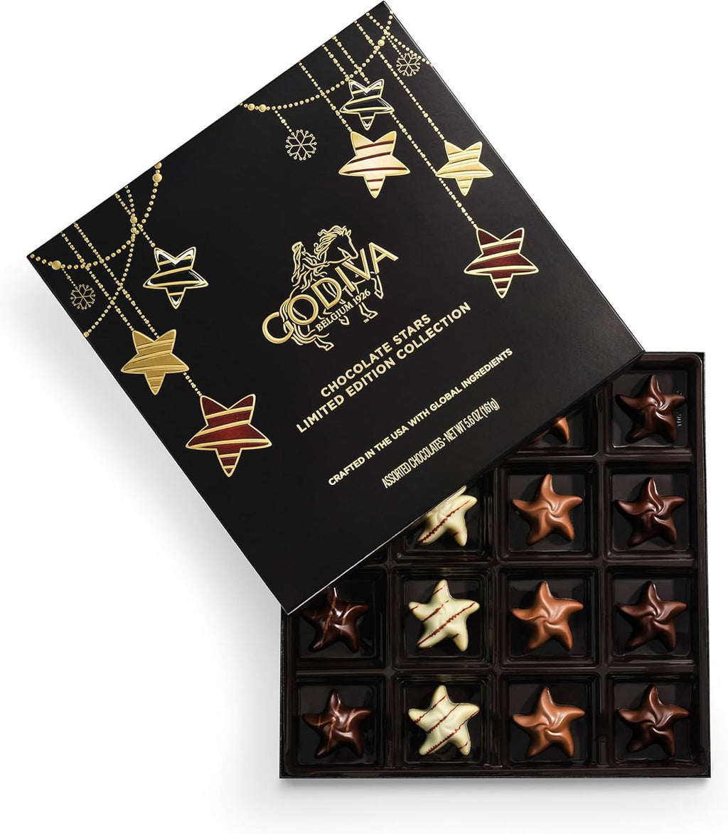 Godiva Holiday Stars Collection Gift Box, Festive Star-Shaped Chocolates with Ganache, Caramel & Raspberry Filling, Limited Edition Holiday Assortment, 16 Pc