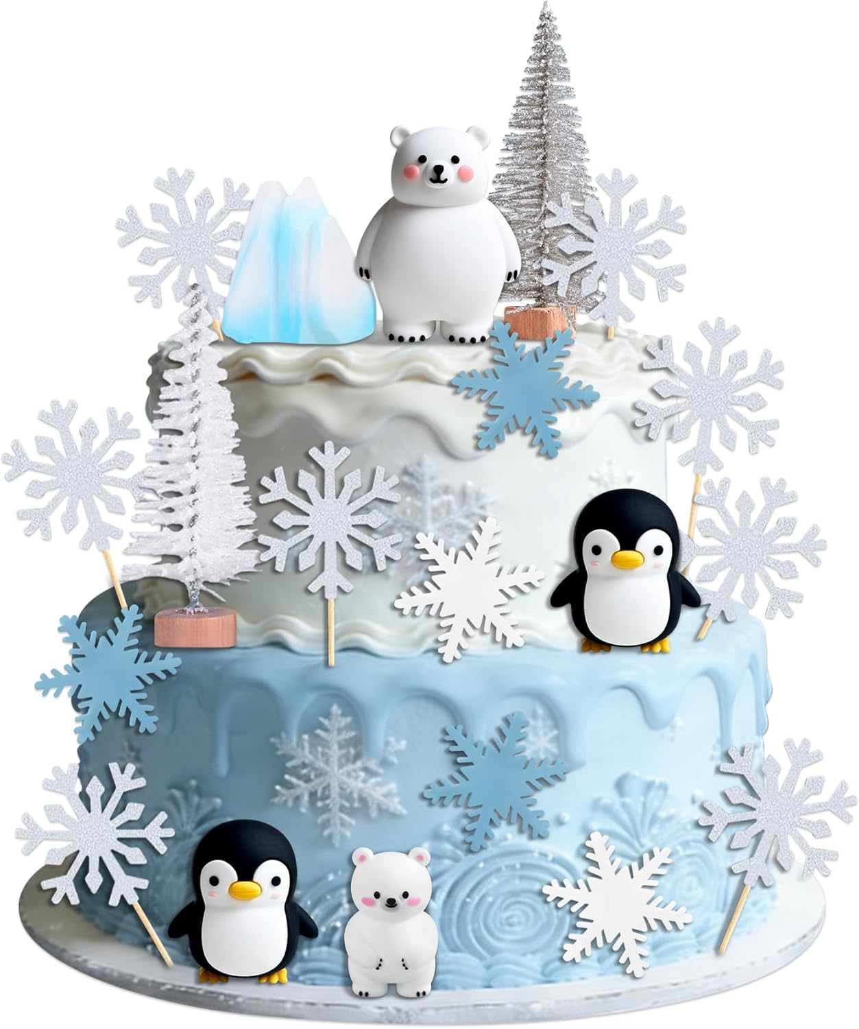 Penguin Cake Topper ，Polar Bears Cake Decor，Winter Wonderland Cake Topper Set with Penguins, Polar Bears, Snowflakes, Arctic Theme Cake Decorating