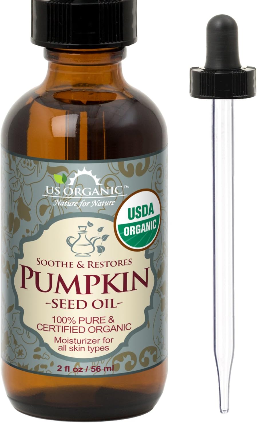 US Organic Pumpkin Seed Oil, USDA Certified Organic, Pure, Natural, Cold Pressed Virgin, Unrefined in Amber Glass Bottle w/Glass Eyedropper (Small (2 oz, 56 ml))