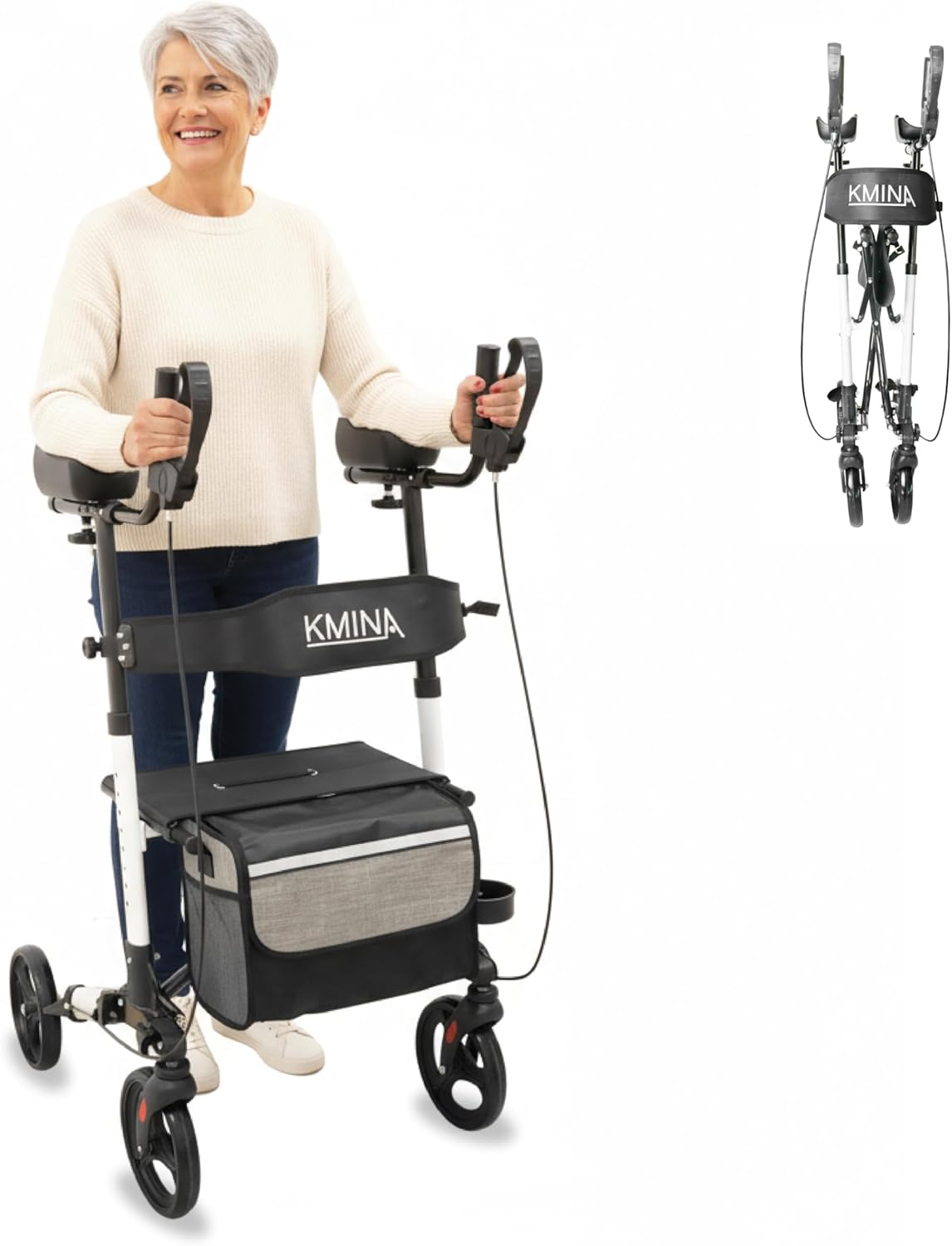 KMINA Upright Walker with Seat, Heavy Duty Stand Up Rollator, Forearm Walker with Padded Armrest, Foldable, Adjustable Height, Walking Assist, Up to 300 lb
