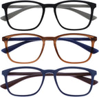 OPULIZE Max Classic Reading glasses for Women Men,Scratch Resistant Large Rectangular frame with Spring Hinges, Black,Brown,Blue +2.5 (Pack of 3)
