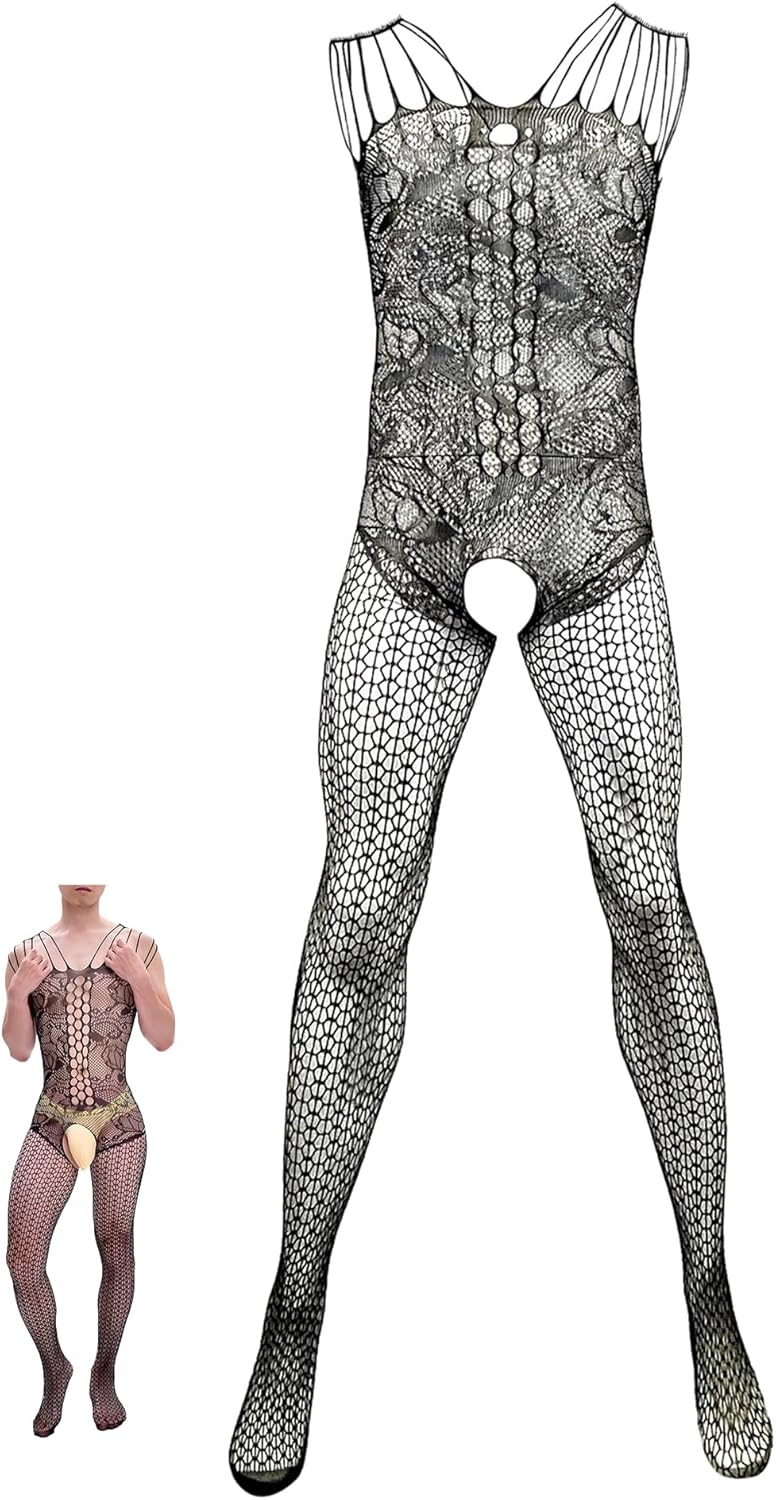 Men Lace Lingerie Sissy for Men Black Fishnet Lingerie Bodysuit Elastic One Piece Nightgown