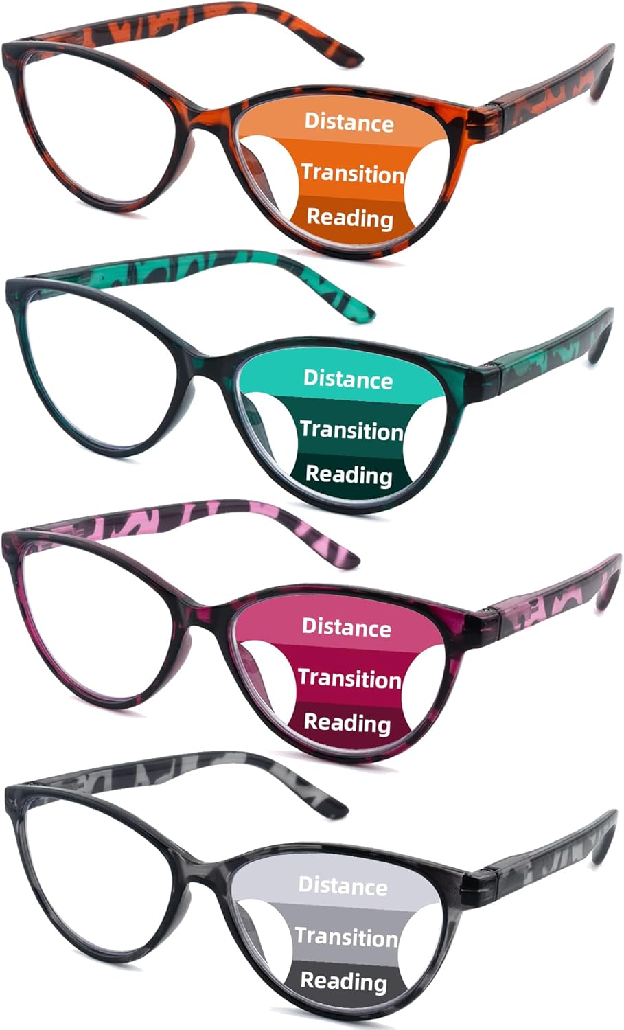 4-Pack Cat Eye Progressive Multifocal Reading Glasses for Women- Blue Light Blocking Readers with Spring Hinges
