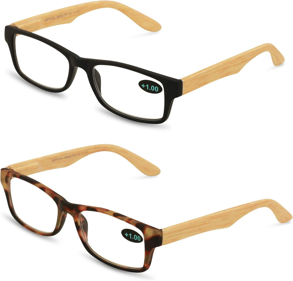 V.W.E. 2 Pairs of Wood Grain Printed Temple Arm Reading Glasses - Spring hinge men women readers