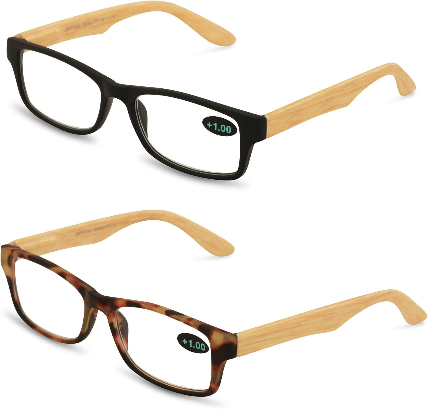 2 Pairs of Wood Grain Printed Temple Arm Reading Glasses - Spring hinge men women readers