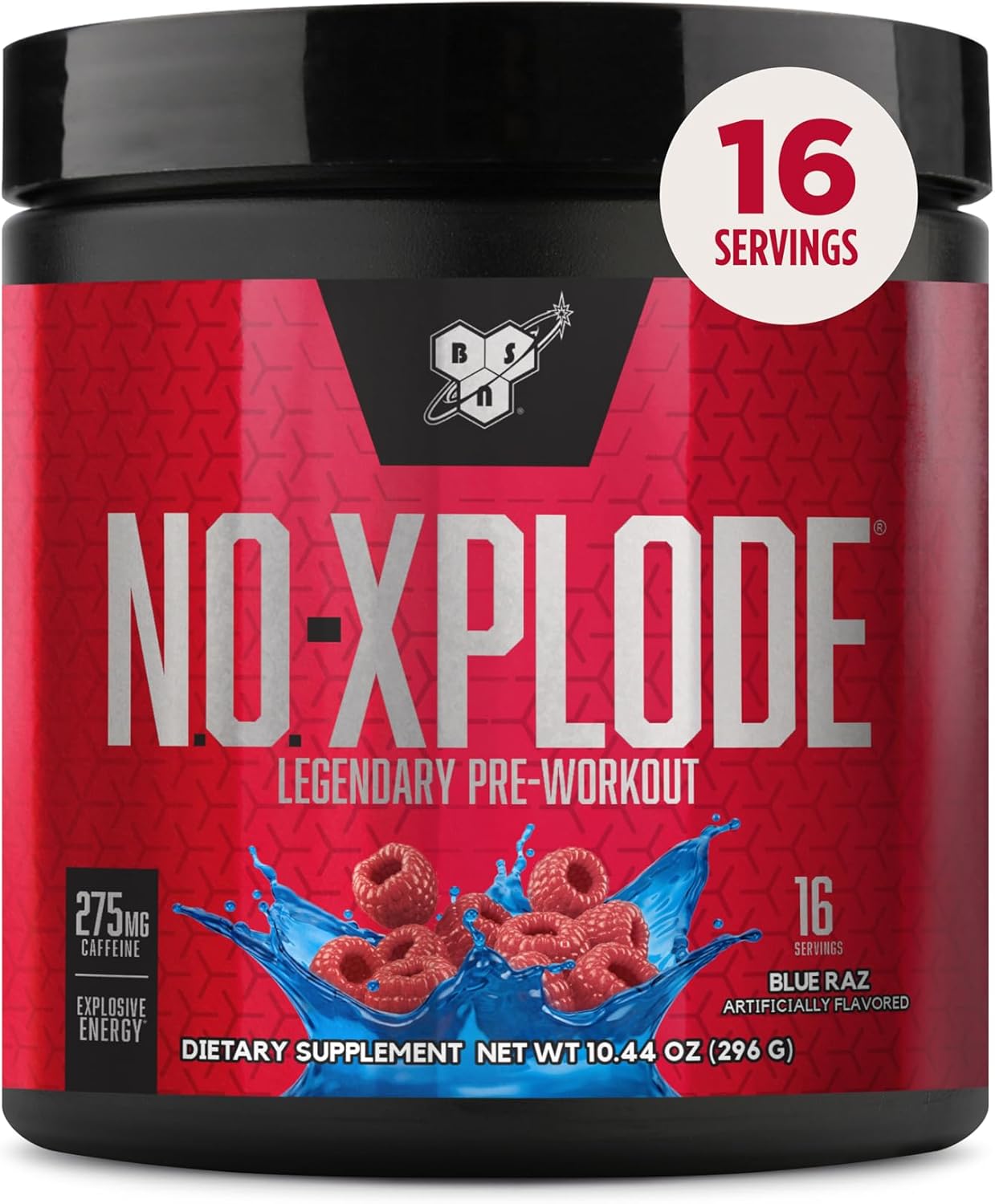 BSN N.O.-XPLODE Pre Workout Powder, Energy Supplement for Men and Women with Creatine and Beta-Alanine, Blue Raz, 16 Servings, 0.65 Pound