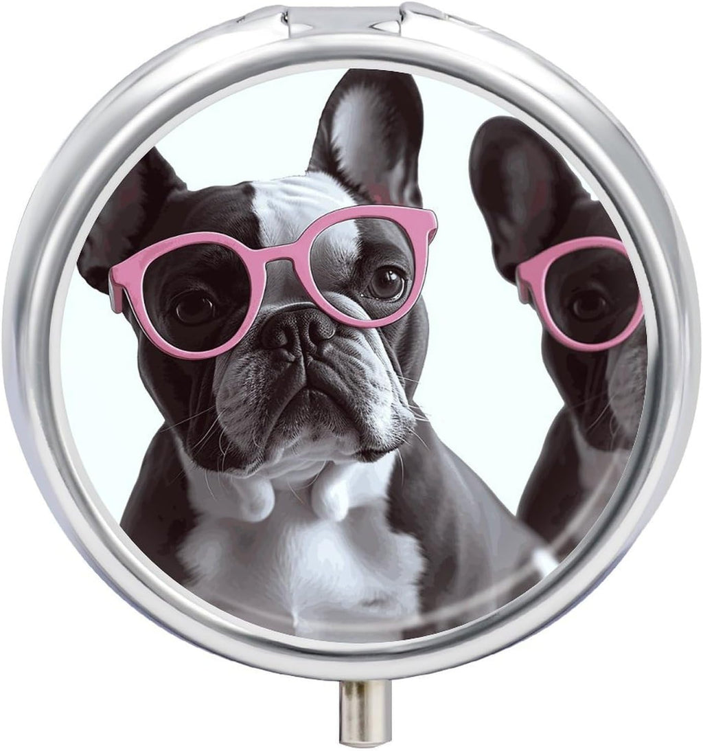 Portable Travel Pill Box French Bulldog Pink Glasses Printed Round Small Pill Case 3 Compartment Pill Container to Hold Vitamins Medication Fish Oil Supplements