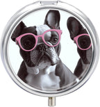 Portable Travel Pill Box French Bulldog Pink Glasses Printed Round Small Pill Case 3 Compartment Pill Container to Hold Vitamins Medication Fish Oil Supplements
