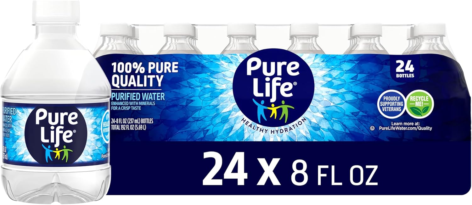 Pure Life Purified Water Bottles, 24 Pack - Still Bottled Water Enhanced with Minerals for a Crisp Taste, Plastic Bottles - 8 Fl Oz