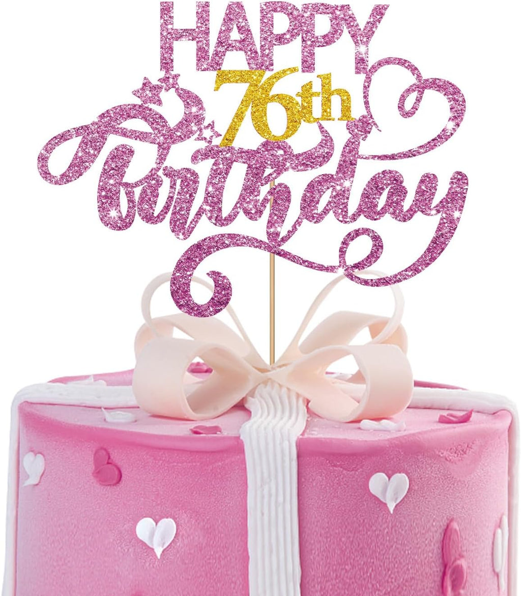 Pink Glitter Happy 76th Birthday Cake Topper, 1 x 76 Cake Decor, Gold Number 76, Perfect for Birthday Parties