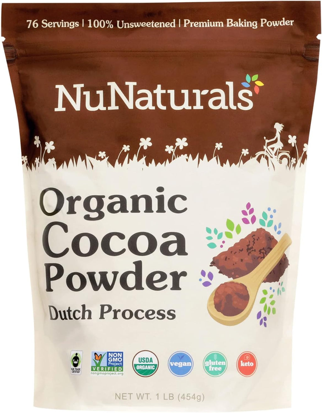 NuNaturals Unsweetened Organic Fairtrade Certified Cocoa Powder, Premium Dutch-Process For Drinking and Baking, 1 lb