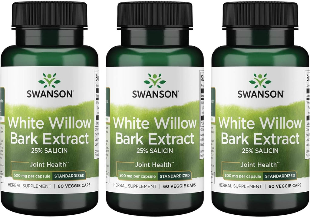 Swanson Maximum Strength White Willow Bark Extract-Promotes Joint Support & Muscle Relief-Standardized to 25% Salicin-Natural Supplement with No Stomach Irritation (60 Veggie Caps, 500mg Each) 3 Pack