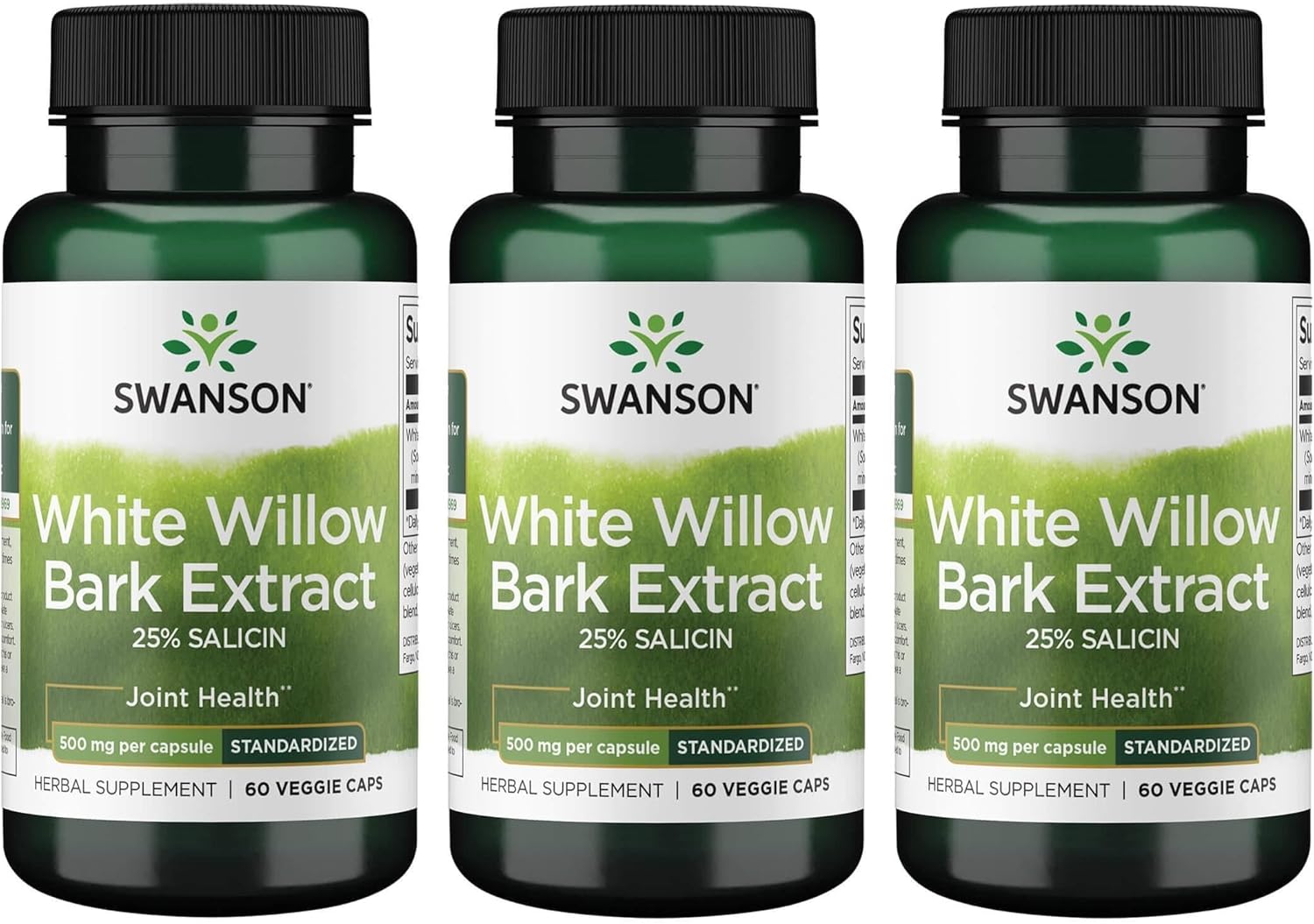 Swanson Maximum Strength White Willow Bark Extract-Promotes Joint Support & Muscle Relief-Standardized to 25% Salicin-Natural Supplement with No Stomach Irritation (60 Veggie Caps, 500mg Each) 3 Pack