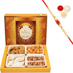 Ghasitaram Gifts Rakhi Gifts for Brothers Rakhi Sweets - Big Box of kaju katli, dodha barfi, Methi mathi and shakar pada with Pearl Beads Rakhi