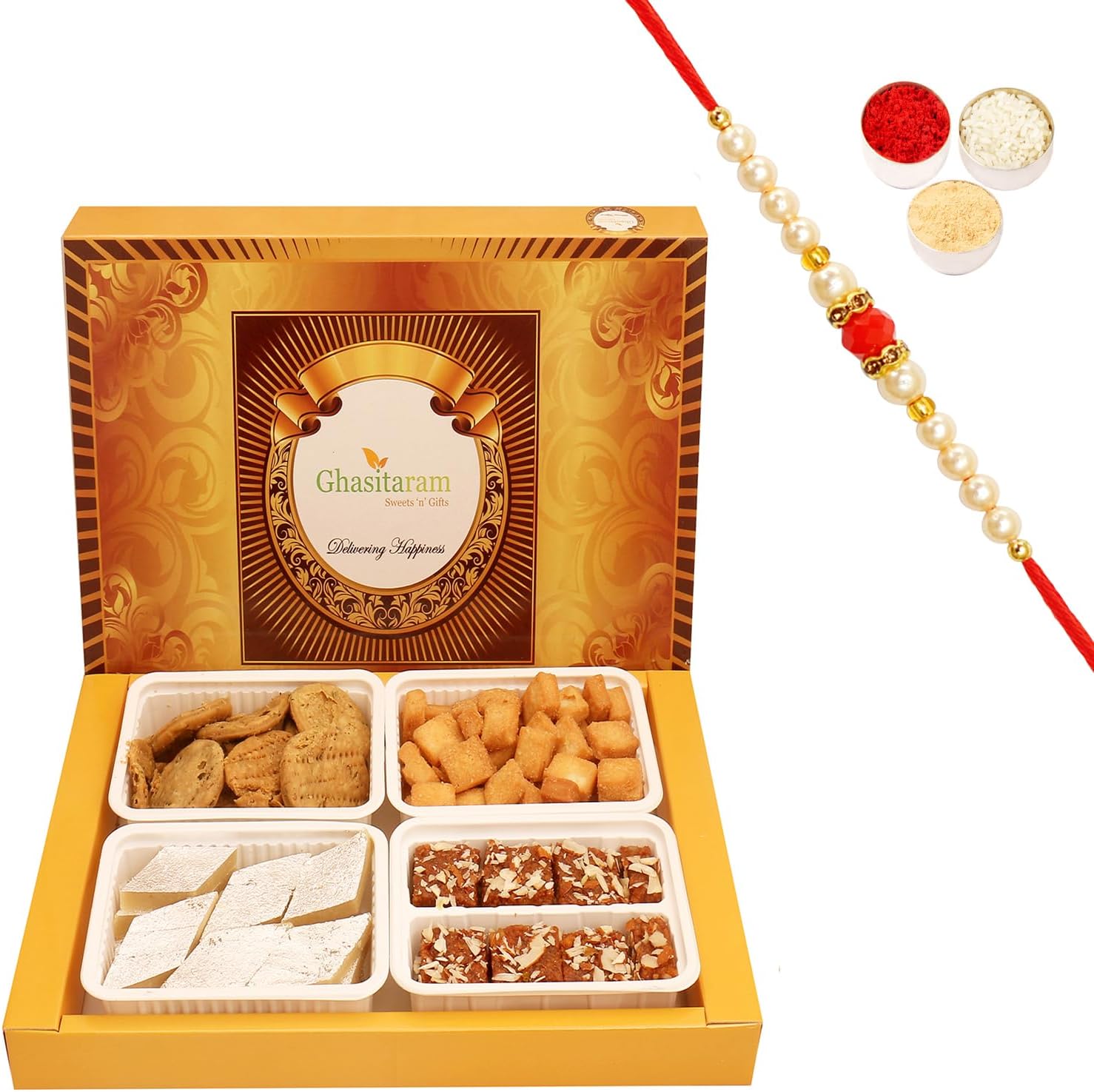 Ghasitaram Gifts Rakhi Gifts for Brothers Rakhi Sweets - Big Box of kaju katli, dodha barfi, Methi mathi and shakar pada with Pearl Beads Rakhi