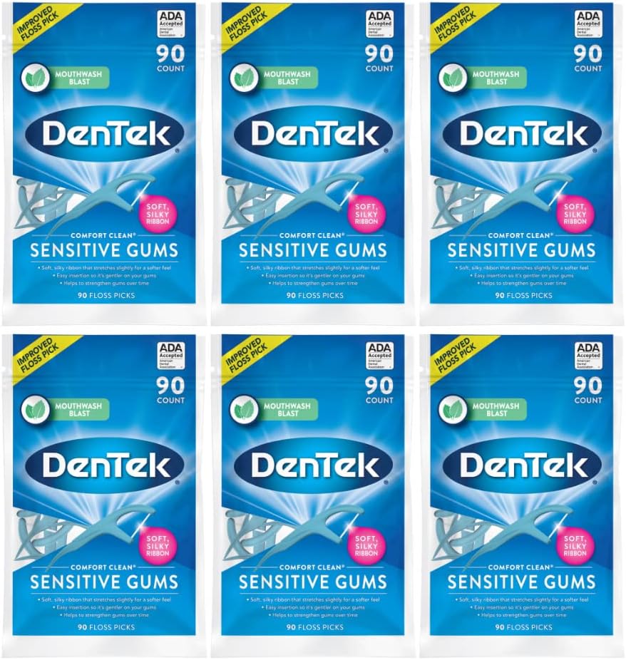 DenTek Comfort Clean Floss Picks for Sensitive Teeth, Soft and Silky Ribbon, 90 Count (Pack of 6)