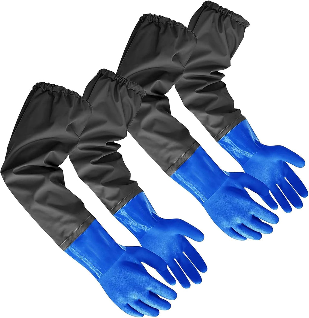 2Pair PVC Chemical Resistant Long Rubber Gloves Elbow Length,Heavy Duty Waterproof Gloves For Dishwashing Cleaning Chemical Pool Pond Acid Work, 25 Inches, Large-(Blue)