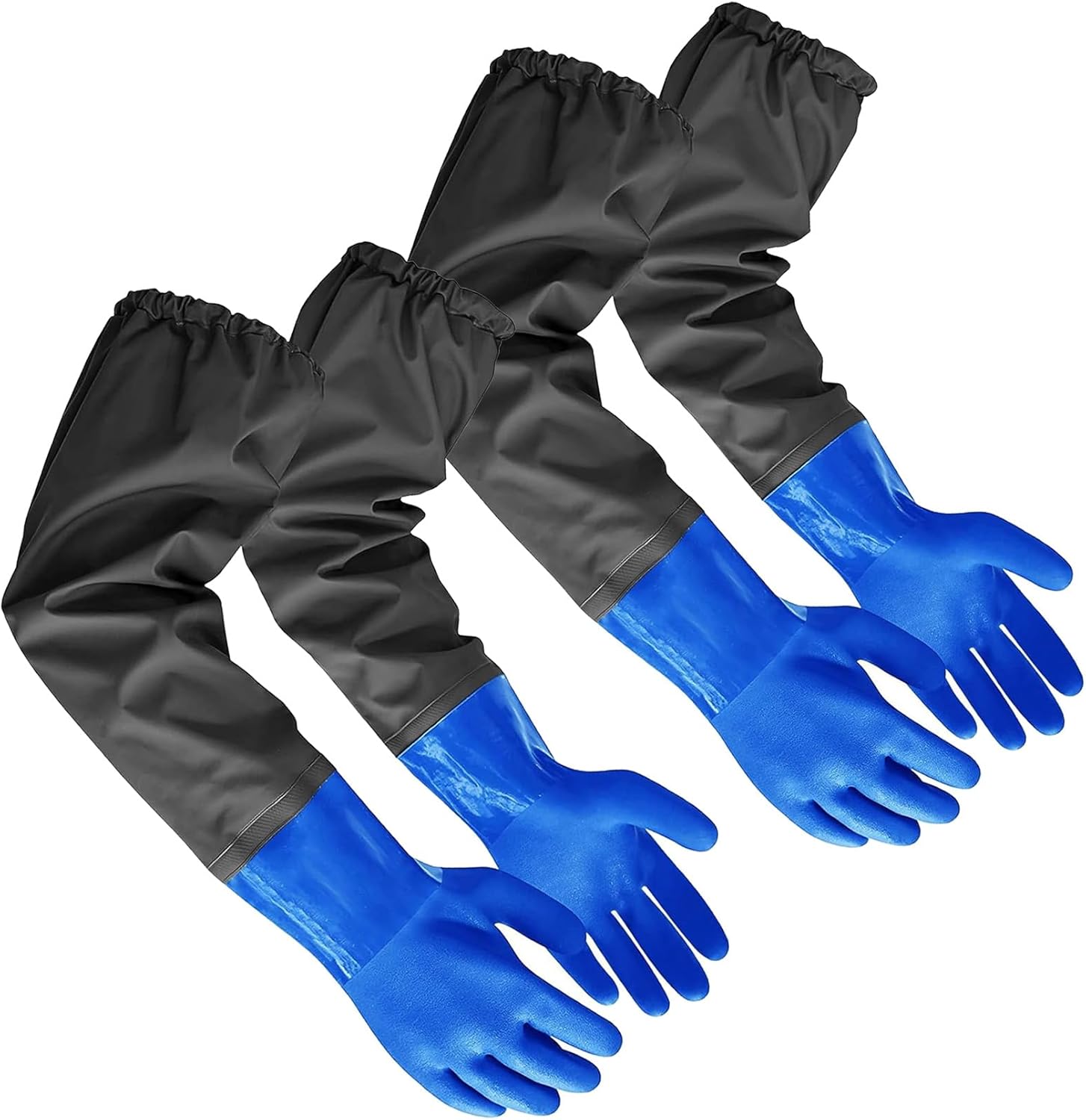 2Pair PVC Chemical Resistant Long Rubber Gloves Elbow Length,Heavy Duty Waterproof Gloves For Dishwashing Cleaning Chemical Pool Pond Acid Work, 25 Inches, Large-(Blue)