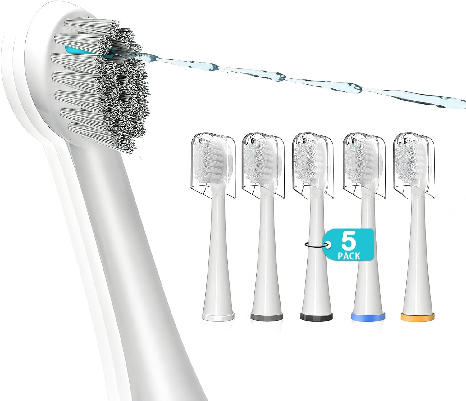 Replacement Brush Heads for Waterpick Sonic Fusion 2.0 Flossing Toothbrush with Cover, Compact, 5 Count White, Soft Bristles, Compact Size
