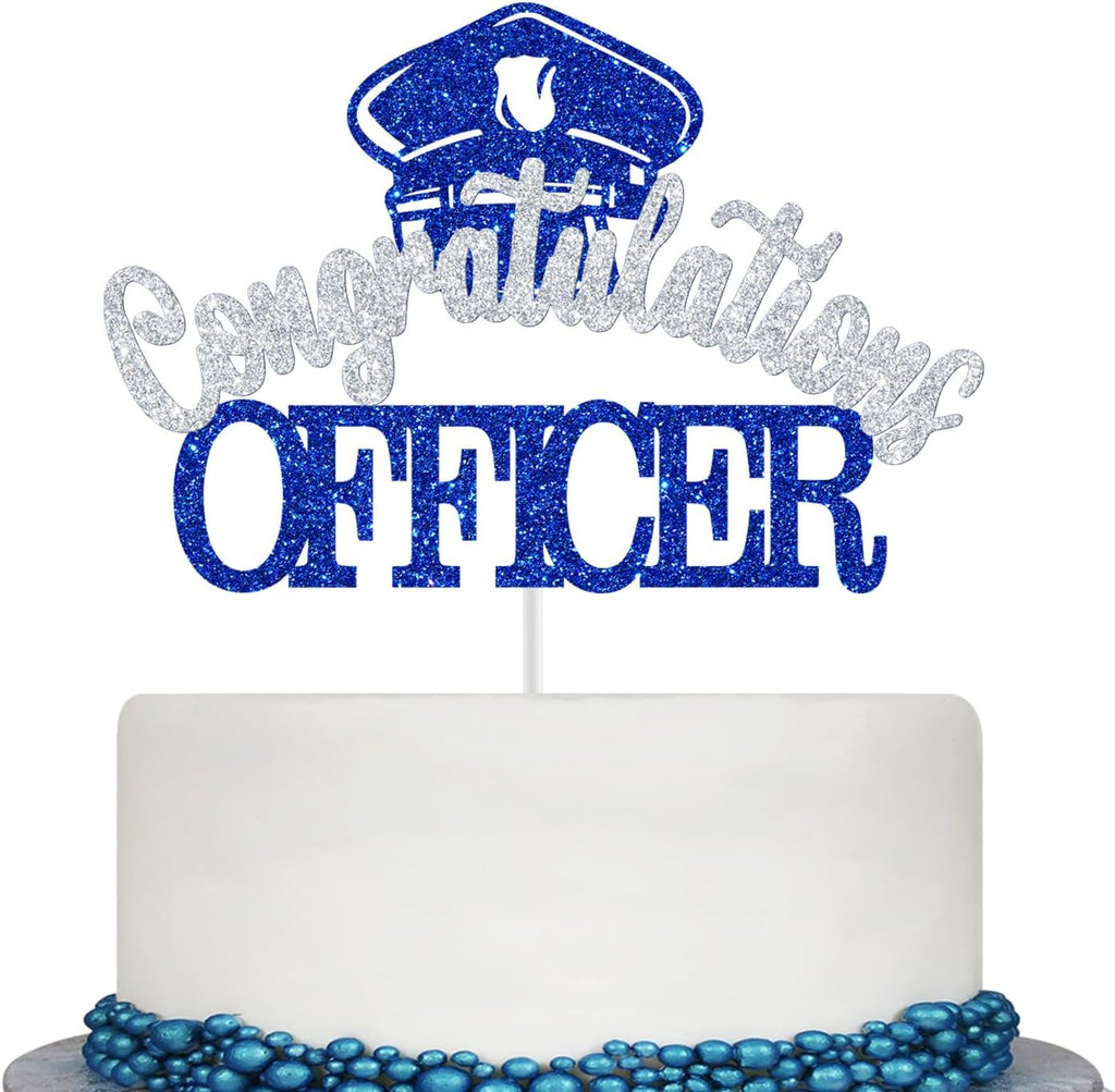 Congratulations Officer Cake Topper, Police Officer Graduation Decorations, Congrats Police Officer, Police Academy Graduation Party Decorations (Blue and Silver Glitter)