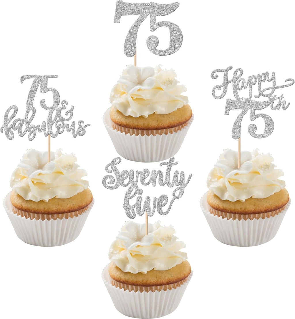 Rsstarxi 24 Pack Happy 75th Birthday Cupcake Toppers Glitter Seventy Five 75 Fabulous Cupcake Food Picks for 75th Birthday Wedding Anniversary Party Cake Decorations Silver
