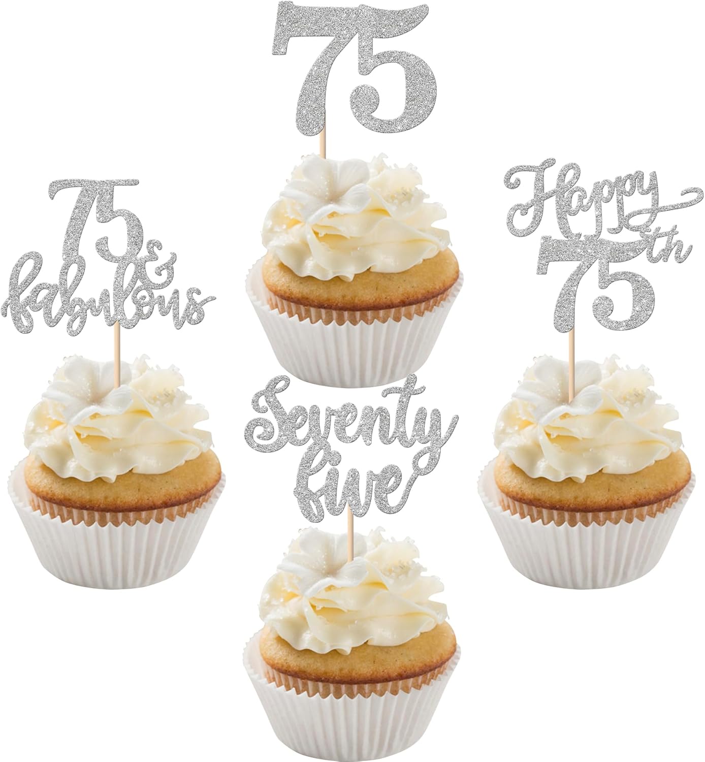 Rsstarxi 24 Pack Happy 75th Birthday Cupcake Toppers Glitter Seventy Five 75 Fabulous Cupcake Food Picks for 75th Birthday Wedding Anniversary Party Cake Decorations Silver
